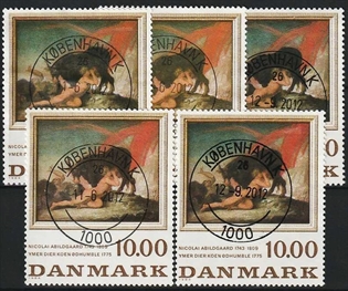 FRIMÆRKER DANMARK | 1984 - AFA 817 - N. Abildgaard - 10,00 Kr. flerfarvet x 5 stk. - Pragt Stemplet